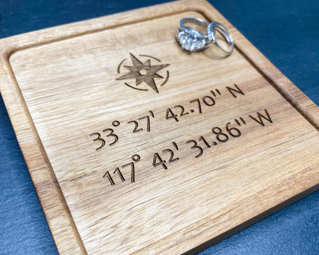 Acacia Wood Ring Tray | Engraved Coordinates Jewelry Dish | Catch all | Gift to Dad, Mom, Bride, Groom | Engagement Gift | Letter to Dad Mom