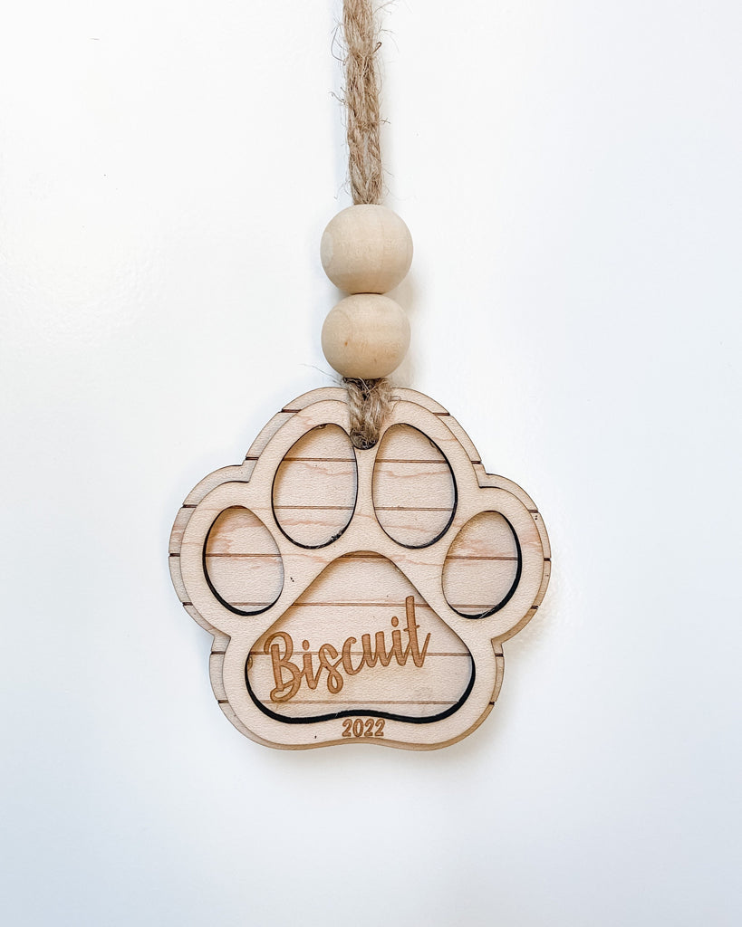 Dog Paw Christmas Ornament with personalized name, Pet Memorial ornament, Laser-engraved, Customizable, Wood, cat, kitten, puppy, 2022