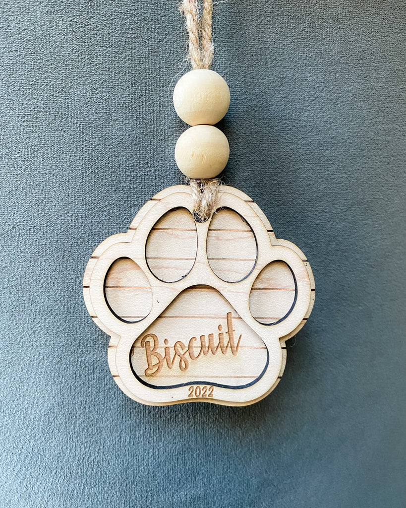 Dog Paw Christmas Ornament with personalized name, Pet Memorial ornament, Laser-engraved, Customizable, Wood, cat, kitten, puppy, 2022