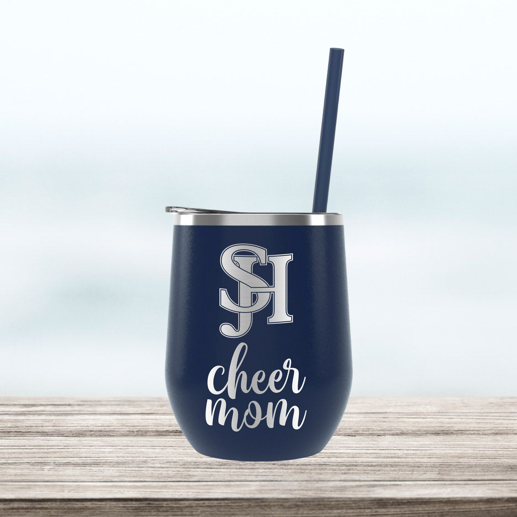 SJHHS "Cheer Mom" - Engraved Wine Tumbler - Navy Blue