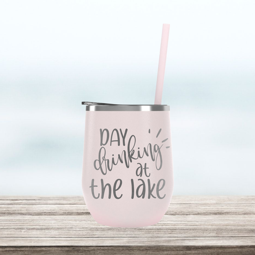 Day Drinking at the Lake | Engraved Wine Tumbler | Insulated Double-Walled Stainless Steel with Lid & Straw