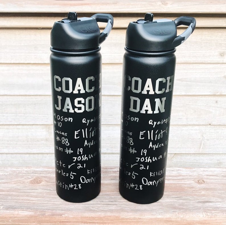 Coach gift with handwritten signatures engraved | Engraved 27 oz Stainless Steel Double-Walled Sports Water Bottle with Straw