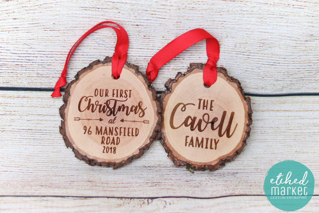 OUR FIRST CHRISTMAS Personalized Wooden Ornament, New Home Ornament, Housewarming gift, Rustic Wood Slice, Realtor Gift, 2022 ornament