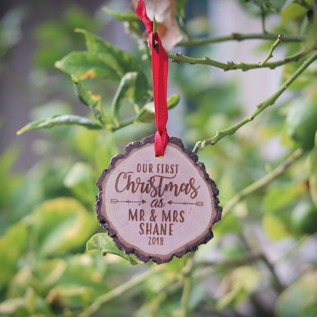 First Christmas Married Personalized Wooden Ornament, Newlywed First Christmas Ornament, Rustic wood slice ornament, 2022 Christmas ornament