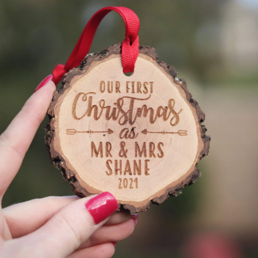 First Christmas Married Personalized Wooden Ornament, Newlywed First Christmas Ornament, Rustic wood slice ornament, 2022 Christmas ornament