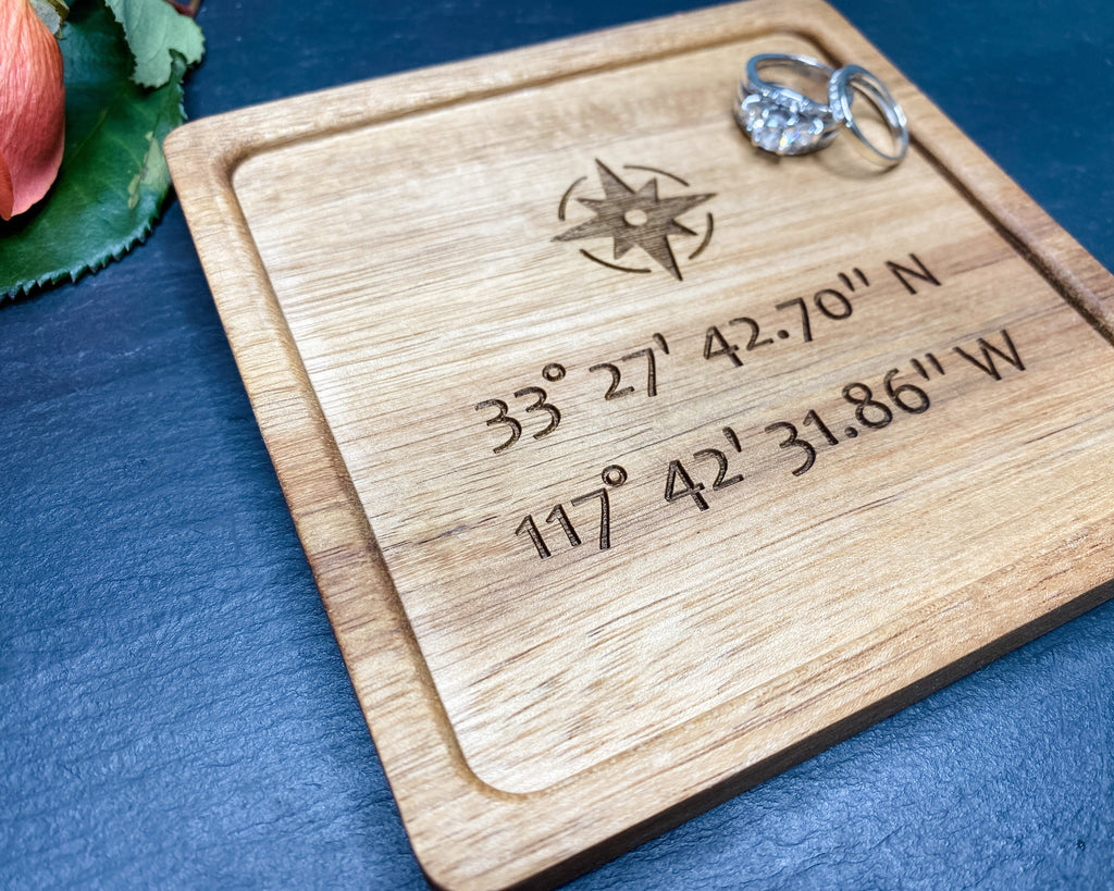 Acacia Wood Ring Tray | Engraved Coordinates Jewelry Dish | Catch all | Gift to Dad, Mom, Bride, Groom | Engagement Gift | Letter to Dad Mom