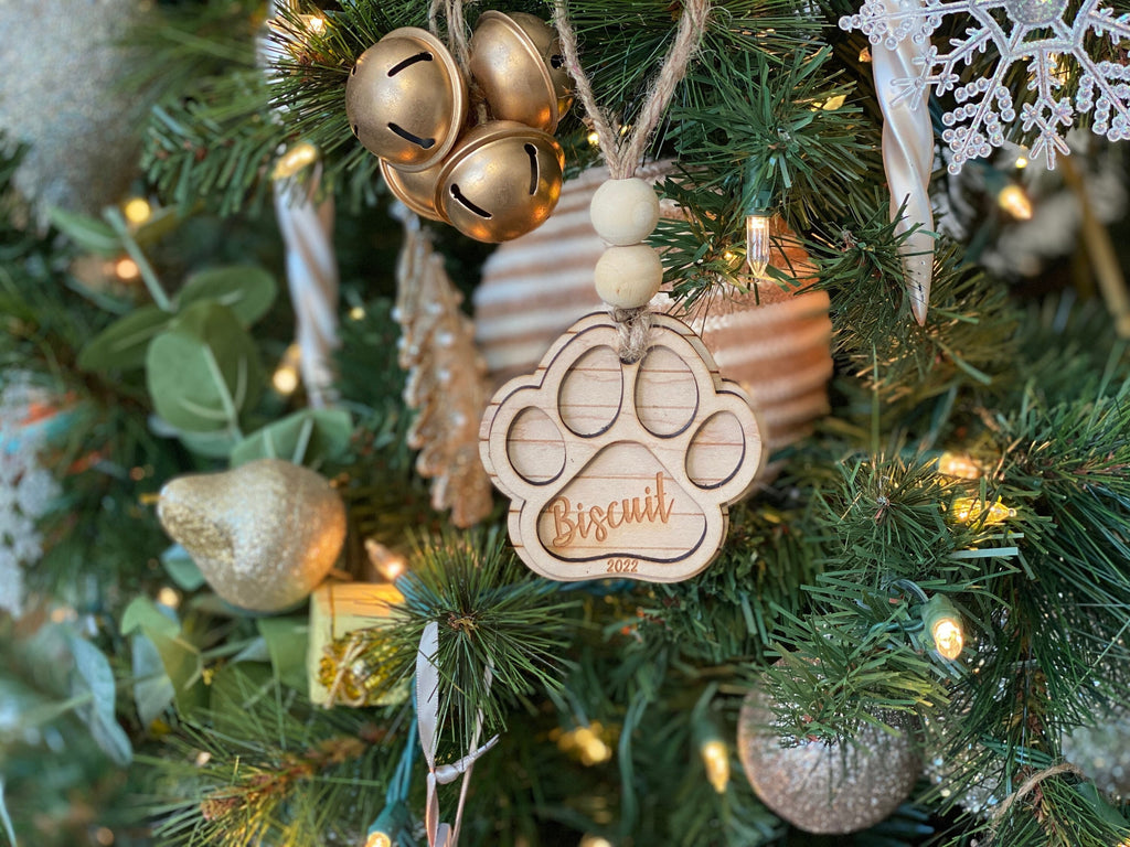 Dog Paw Christmas Ornament with personalized name, Pet Memorial ornament, Laser-engraved, Customizable, Wood, cat, kitten, puppy, 2022