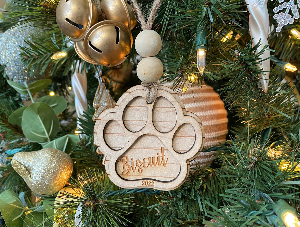 Dog Paw Christmas Ornament with personalized name, Pet Memorial ornament, Laser-engraved, Customizable, Wood, cat, kitten, puppy, 2022