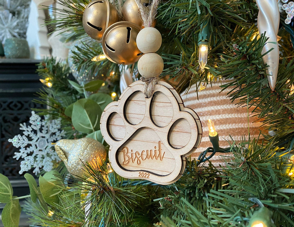 Dog Paw Christmas Ornament with personalized name, Pet Memorial ornament, Laser-engraved, Customizable, Wood, cat, kitten, puppy, 2022