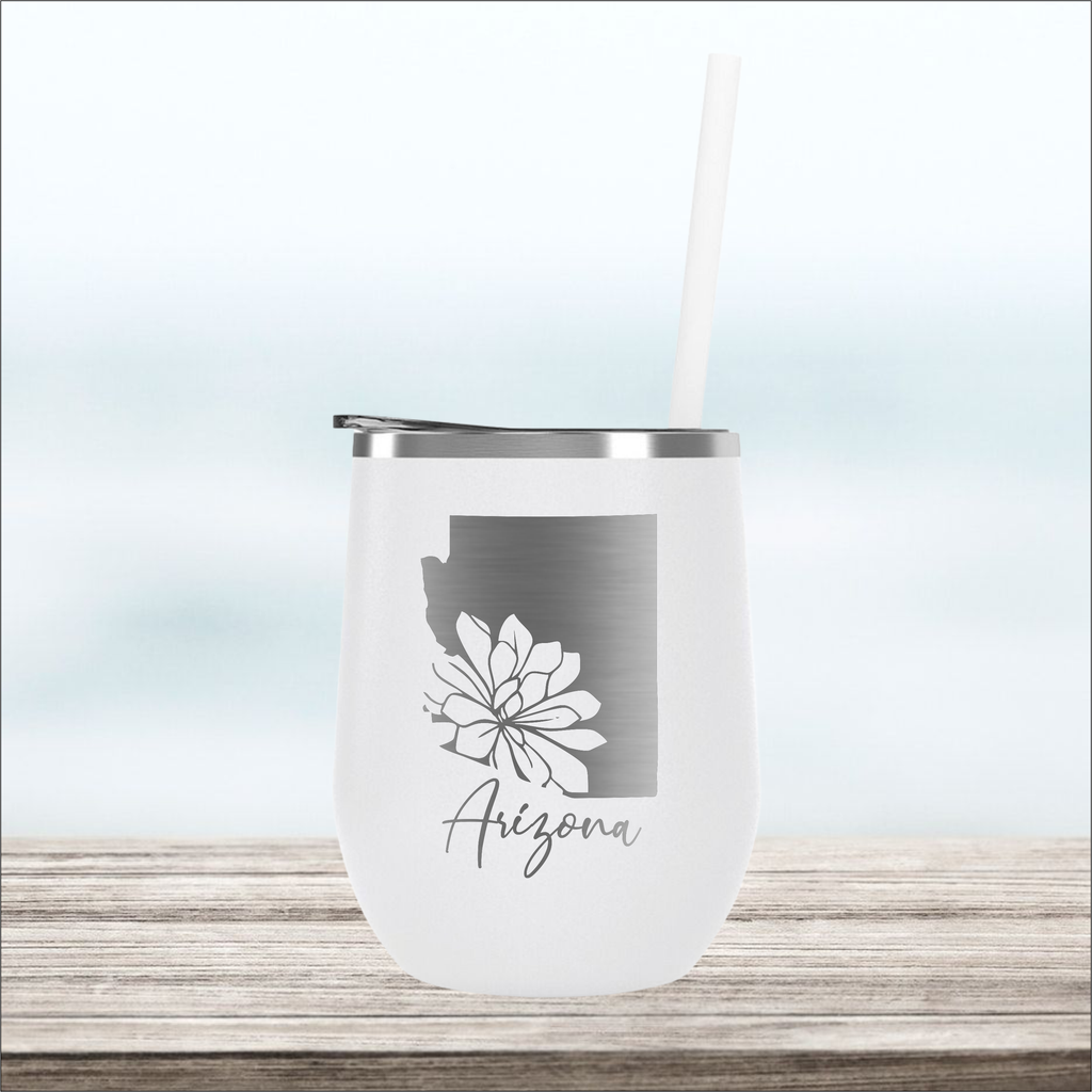 State with Flower | Engraved Wine Tumbler | Insulated Double-Walled Stainless Steel with Lid & Straw