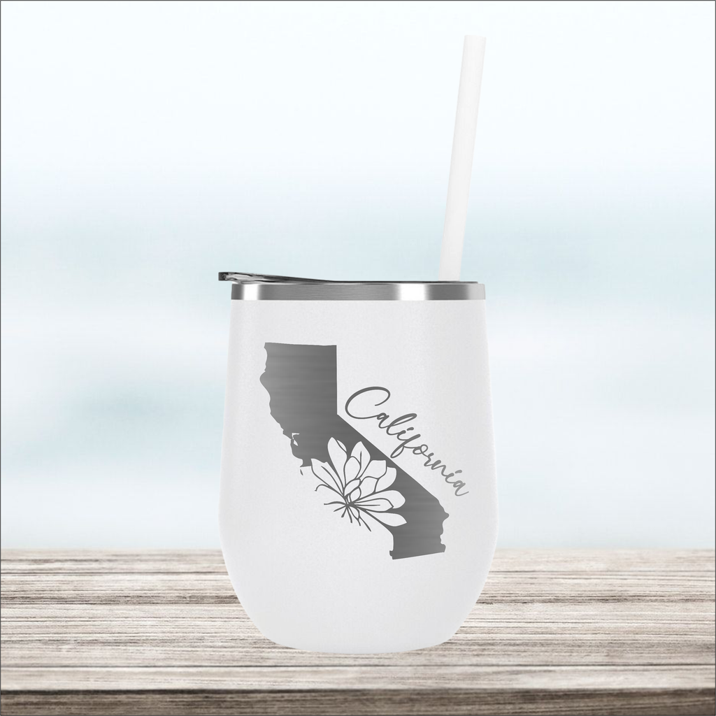 State with Flower | Engraved Wine Tumbler | Insulated Double-Walled Stainless Steel with Lid & Straw